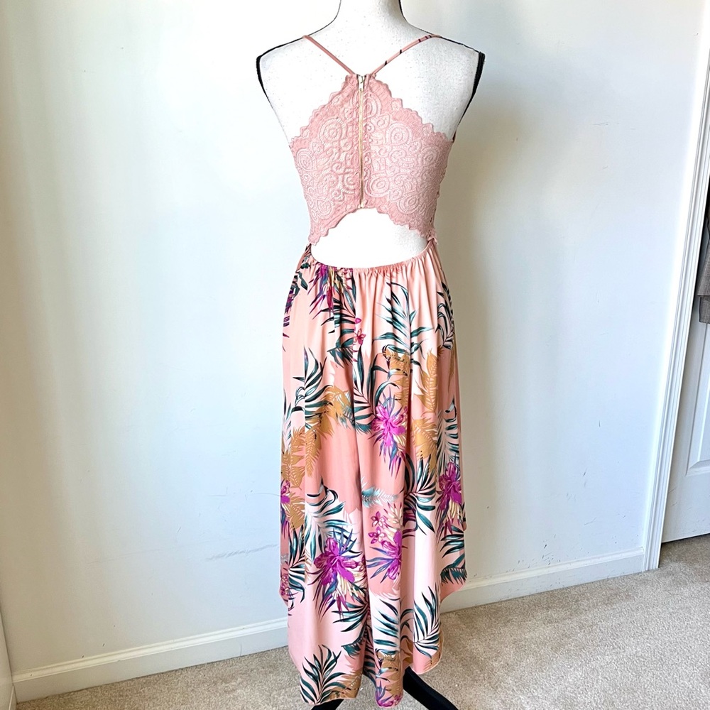 WINDSOR Tropical Lace Back High Low Deep V-Neck Dress—SZ. Small - Picture 10 of 16